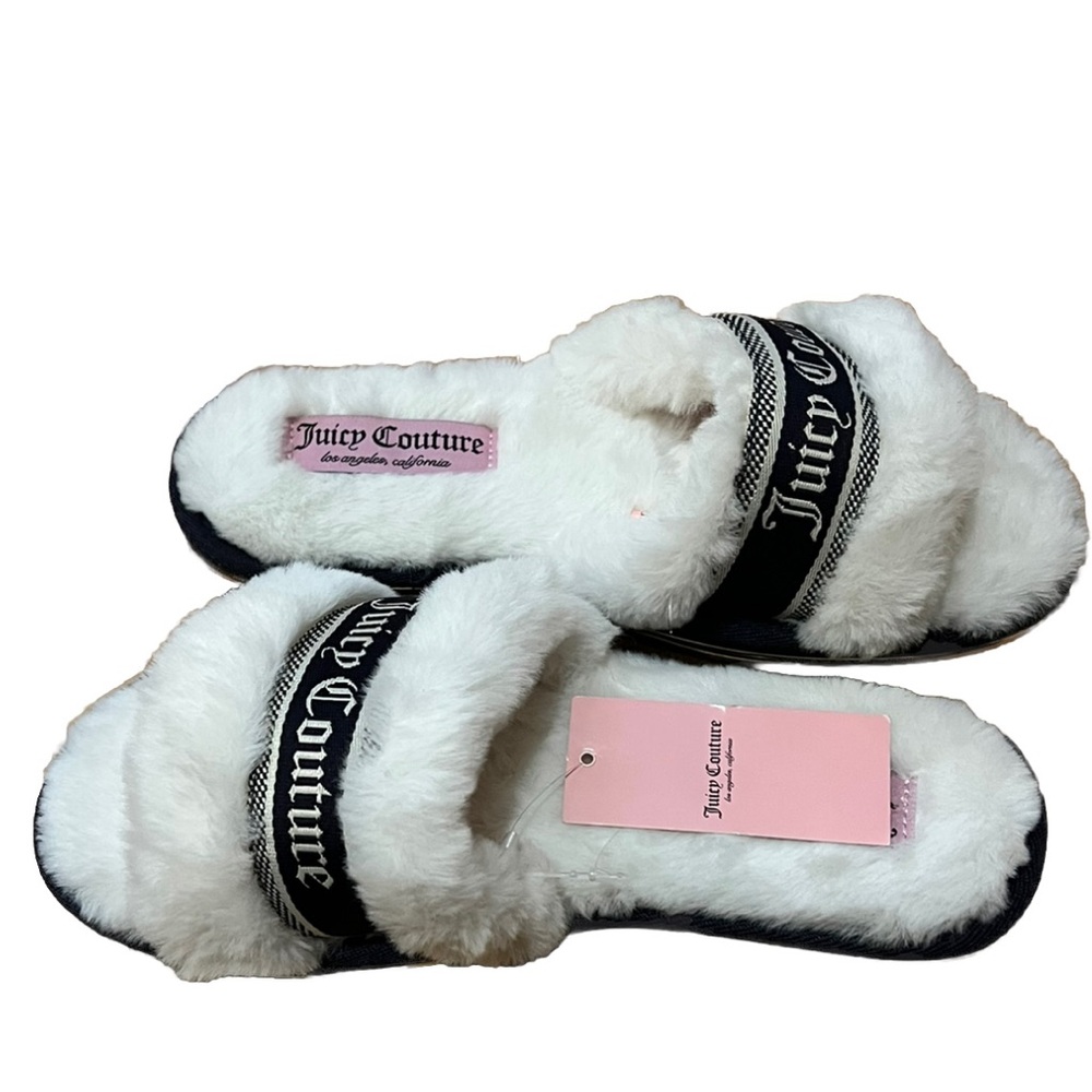 NWT Juicy Couture Soft Fuzzy Logo Slippers Gold Trim L - Picture 4 of 6